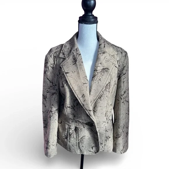 Coldwater Creek Blazer Jacket Petite 12 P12 Taupe Herringbone Floral Print Lined - Picture 2 of 9